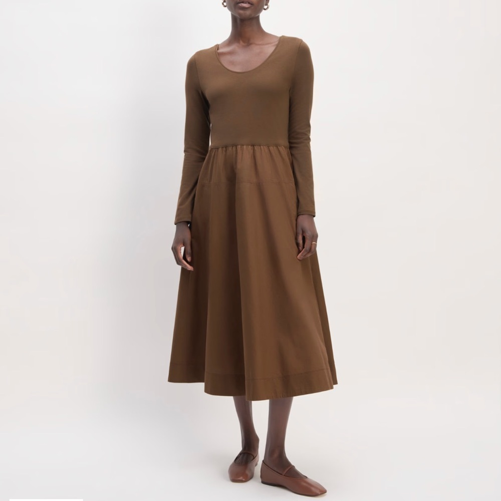 Everlane The Long-Sleeve Riviera Midi Dress Cocoa Size XS Scoop Neck Minimalist